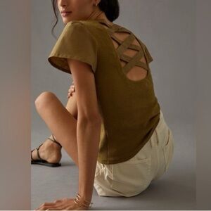 By Anthropologie Lace Up Flutter Sleeve Top Moss Olive Green Size Small Blouse